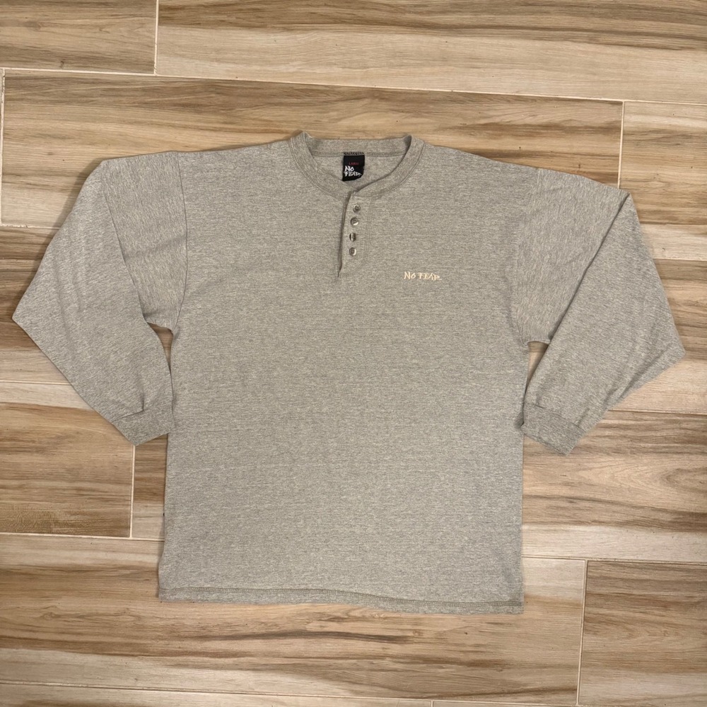 Vintage No Fear Henley Shirt Mens Large Gray Long Sleeve Cotton Made in USA 90s